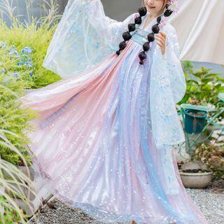 Hanfu Set Of 3 : White Embroidered Long-sleeve Long Coat + Long-sleeve Top + Chest-full Print Maxi Skirt