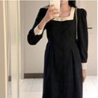 Long-sleeve Contrast Trim Midi Dress Black - One Size