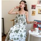 Flower Print Midi Spaghetti Strap Dress White - One Size