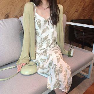 Leaf Print Midi Spaghetti Strap Dress / Knit Jacket