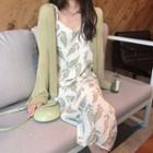 Leaf Print Midi Spaghetti Strap Dress / Knit Jacket