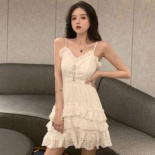 Spaghetti Strap Frill Trim A-line Mini Tiered Dress As Shown In Figure - One Size