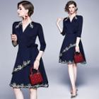 3/4-sleeve Embroidered Sashed A-line Dress