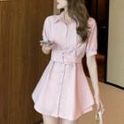 Short-sleeve Plain Shirt Dress + High-waist Plain Shorts