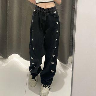 Mid Rise Heart Pattern Loose Fit Jeans