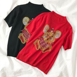 Mock-turtleneck Short-sleeve Mouse Print Knit Top