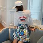 Elbow-sleeve Lettering T-shirt / Print Asymmetrical A-line Skirt