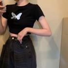 Short-sleeve Butterfly Reflective Print Crop Top Butterfly - White - One Size