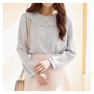 Scallop-collar Faux-pearl Button Blouse