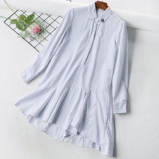 Embellished Pinstriped Long-sleeve Shirt Dress