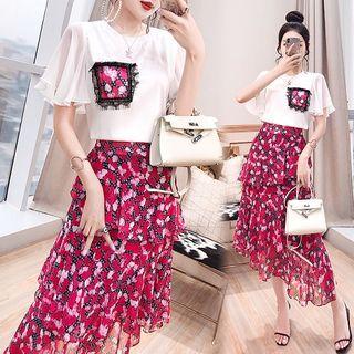 Set: Short-sleeve Embellished Chiffon Blouse + Irregular Floral A-line Skirt