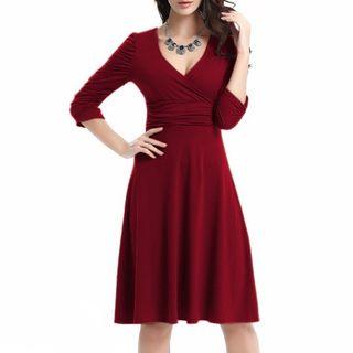 V-neck 3/4-sleeve A-line Midi Dress