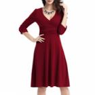 V-neck 3/4-sleeve A-line Midi Dress