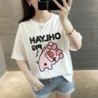 Short-sleeve Lettering Pig Print T-shirt