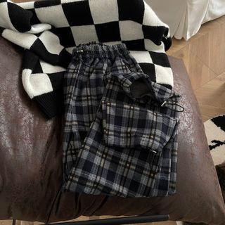 Drawstring Gingham Pants Grayish Blue - One Size