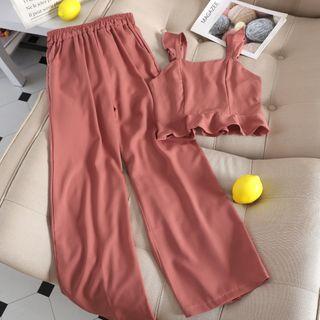 Set: Wide Strap Cropped Ruffled Top + Wide Leg Pants