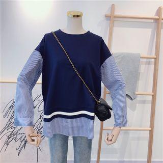 Mock Two-piece Long-sleeve Striped Paneled Top