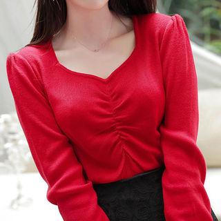 Sweetheart-neck Shirred Rib-knit Top