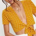 Dotted Short-sleeve Tie-front Cropped Top