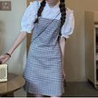 Puff-sleeve Top / Plaid Spaghetti Strap Dress