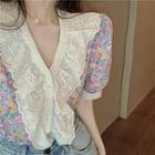 Floral Lace Lettuce Edge Cropped Blouse As Shown In Figure - One Size