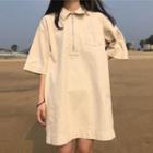 Front-zip Collared Elbow-sleeve Mini T-shirt Dress Almond - One Size