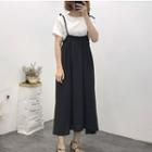 Set: Crew-neck Short-sleeve T-shirt + Plain Midi Spaghetti Strap Dress