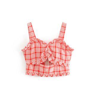 Sleeveless Plaid Frill Trim Cutout Cropped Top