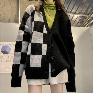 Long Sleeve V Neck Plaid Panel Cardigan Black - One Size
