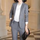 One-button Houndstooth Blazer / Faux Pearl Buttoned Blouse / Pencil Skirt / Straight-cut Pants / Set