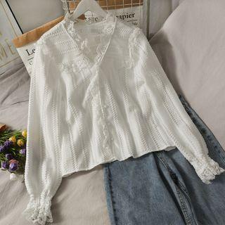 Lace-trim Slim-fit Lace Blouse White - One Size