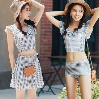 Set Of 3: Short-sleeve Plaid Swim Top + Swim Shorts + Swim Skirt