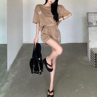 Set: Cutout-back Lettering T-shirt + High-waist Shorts