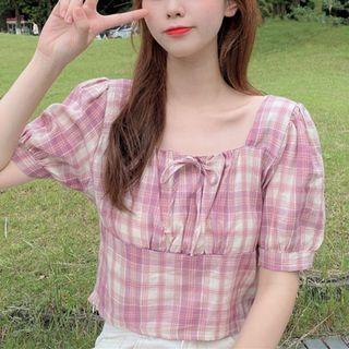 Plaid Square Neck Puff Sleeve Top
