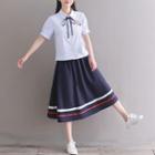 Set: Short-sleeve Striped Shirt + A-line Skirt