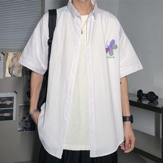 Elbow-sleeve Reflective Butterfly Print Shirt