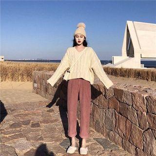 Set: Cable-knit Sweater + Cropped Straight-fit Pants