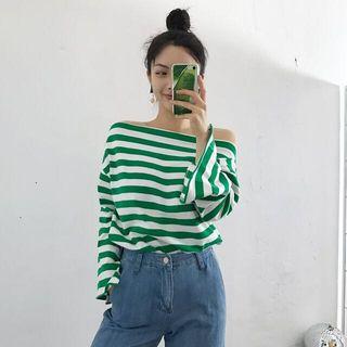 Striped Long-sleeve Off-shoulder T-shirt