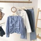 Square-neck Pleated Ruffled Puff Sleeve Doll Shirt