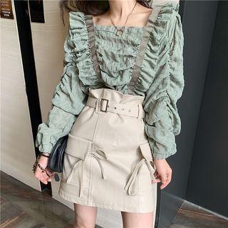 Puff-sleeve Ruffled Chiffon Blouse Green - One Size