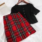Set: Short-sleeve Cropped Cardigan + Plaid Slit Mini A-line Skirt