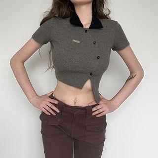 Short-sleeve Collared Buttoned Asymmetrical Crop Top