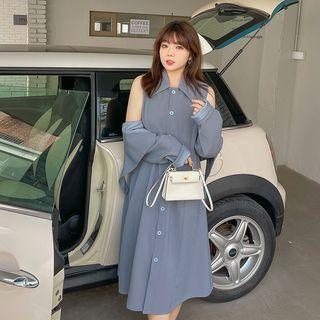 Plus Size Set: Sleeveless Collar Midi Smock Dress + Blouse