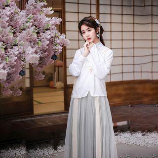 Set: Embroidered Hanfu Blouse + Glitter Maxi A-line Skirt