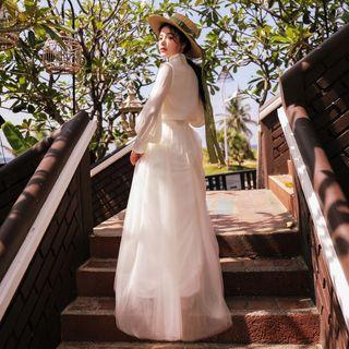 Set: Mandarin Collar Blouse + Maxi A-line Skirt