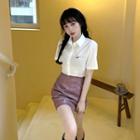 Short-sleeve Letter Embroidered Cropped Shirt / Plaid A-line Skirt