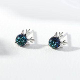 Deer Horn Rhinestone Earring 1 Pair - Silver & Aqua Green - One Size