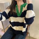 Color Block Polo Sweater Stripes - Navy Blue & Beige - One Size