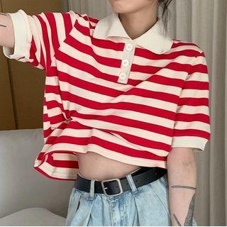 Short-sleeve Striped Cutout-back Cropped Polo Shirt