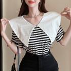 Short-sleeve Peter Pan Collar Striped Top Stripe - One Size